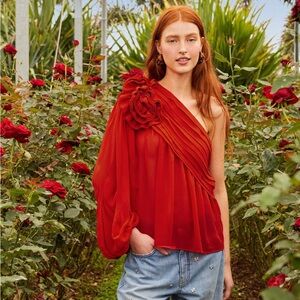 FARM Rio Red Rose one shoulder puff sleeve blouse